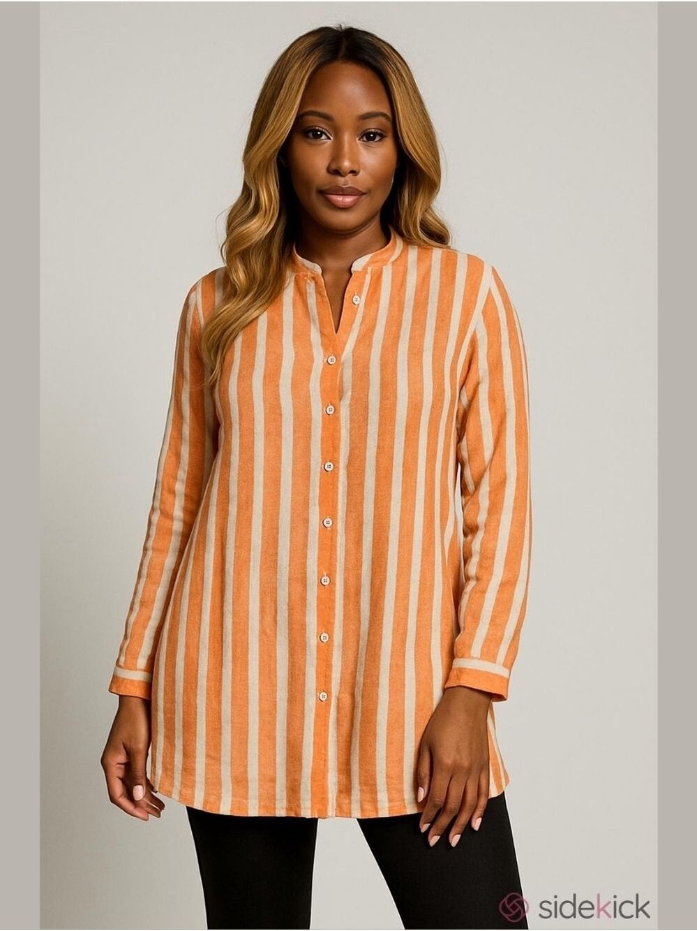 Norm Thompson 100% Linen Long-Sleeve Striped Sparkle Button Down Shirt/ Tunic…